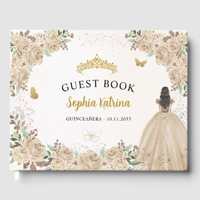 Floral Gold Glitter Princess Quinceanera Guestbook (Front)