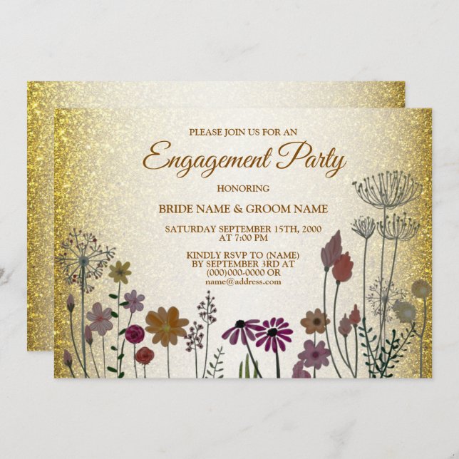 Floral Gold Glitter Wedding Engagement Party Invitation (Front/Back)