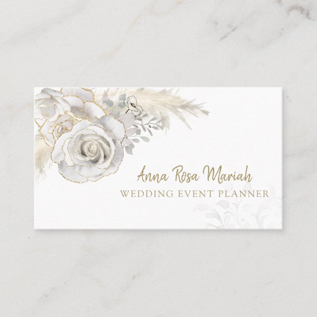 *~* Floral Gold Glitter White Rose Flower Elegant  Business Card (Front)