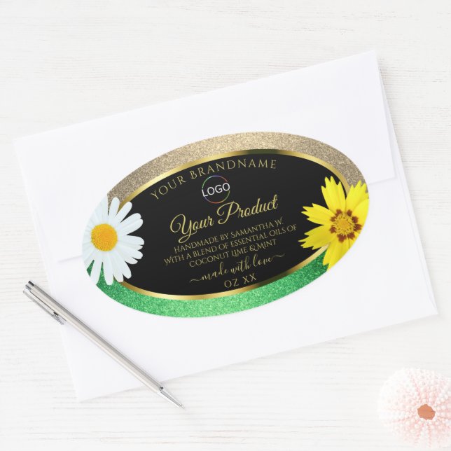 Floral Gold Green Glitter Black Product Label Logo (Envelope)