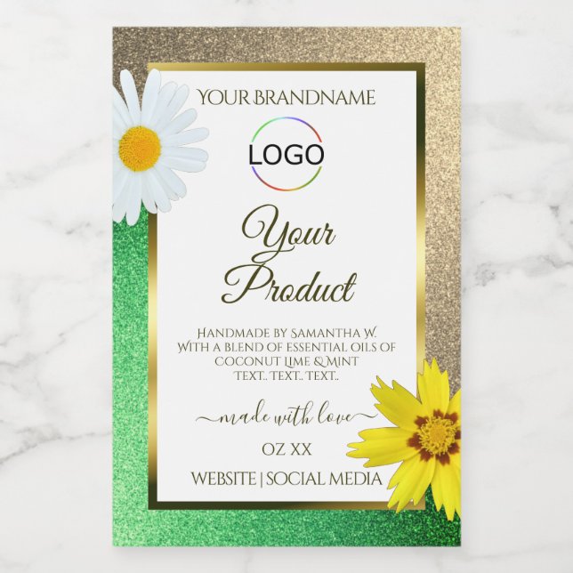 Floral Gold Green Glitter White Product Label Logo (Single Label)