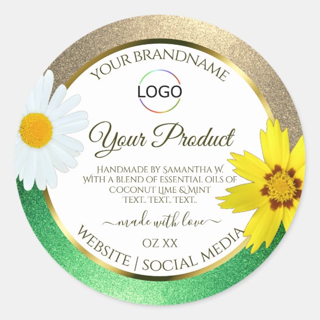 Floral Gold Green Glitter White Product Label Logo (Front)