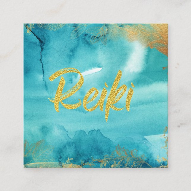 *~* Floral Gold  Healer Aqua Reiki Energy Square Business Card (Front)