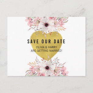 Floral Gold Heart   Save The Date Postcard