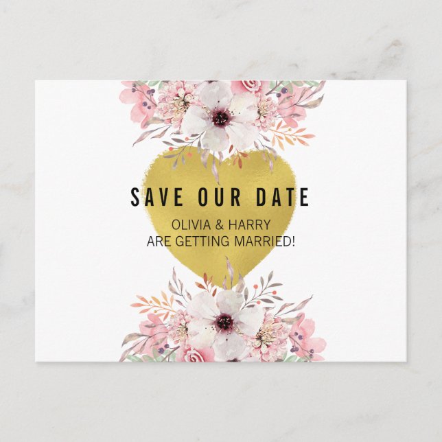 Floral Gold Heart | Save The Date Postcard (Front)
