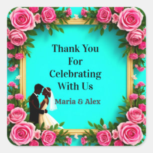 🌺 Floral Gold Heart Turquoise Wedding Decor 💐 Square Sticker