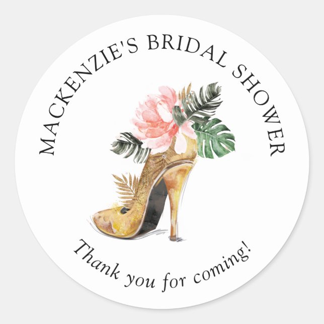 Floral Gold High Heel Shoe Bridal Shower Thank You Classic Round Sticker (Front)