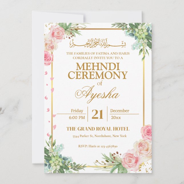 Floral Gold Islamic Wedding Mehndi Invitation (Front)