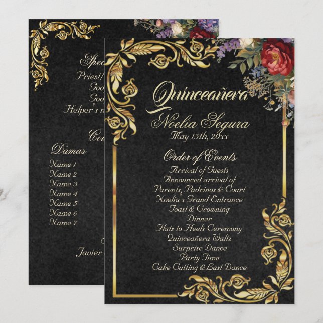 Floral & Gold Leaves - Black Quinceanera Program Programme (Front/Back)