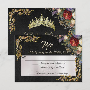 Floral & Gold Leaves - Black RSVP Card