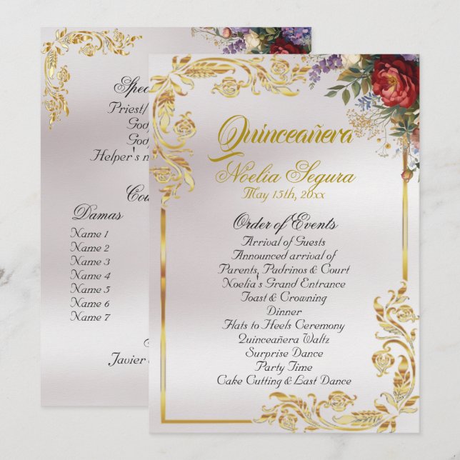 Floral & Gold Leaves - Pearl Quinceanera Program Programme (Front/Back)