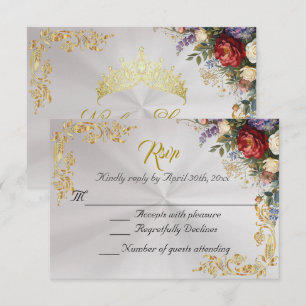 Floral & Gold Leaves - Pearl White RSVP Card