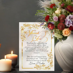 Floral, Gold Leaves & Tiara - Pearl Quinceanera Thank You Card