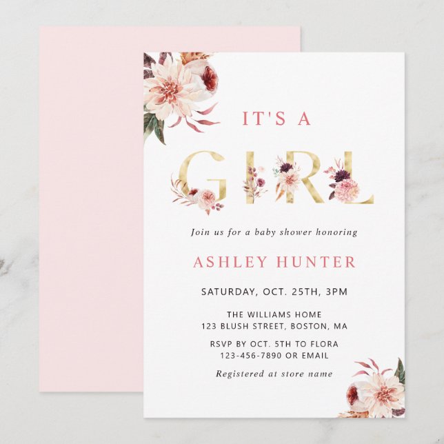 Floral Gold Letter Elegant Girl Baby Shower Invitation (Front/Back)