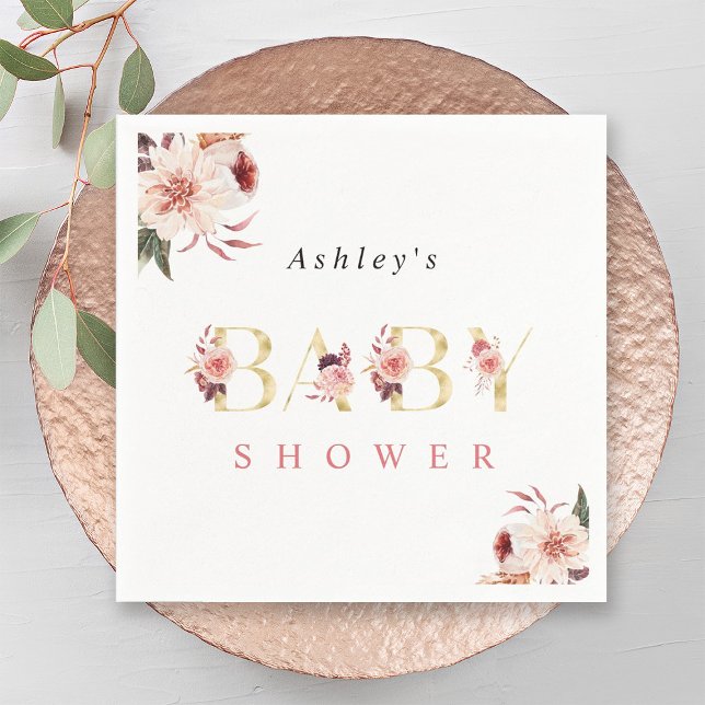 Floral Gold Letter Elegant Girl Baby Shower Napkin (Creator Uploaded)