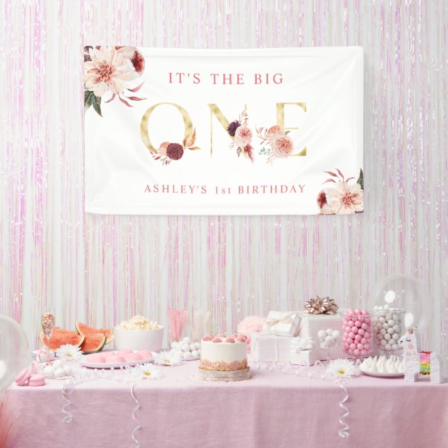 Floral Gold Letter Elegant Girl First Birthday Banner (Party)