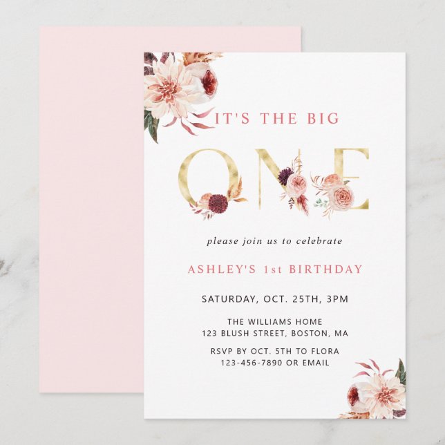 Floral Gold Letter Elegant Girl First Birthday Invitation (Front/Back)