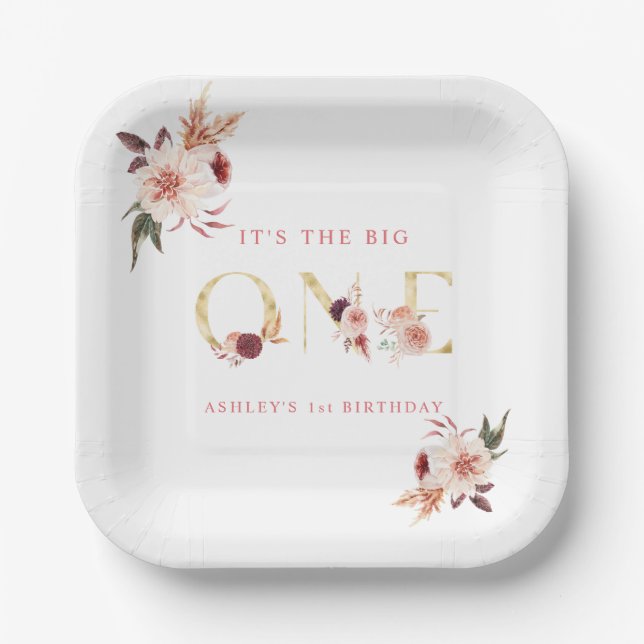 Floral Gold Letter Elegant Girl First Birthday Paper Plate (Front)