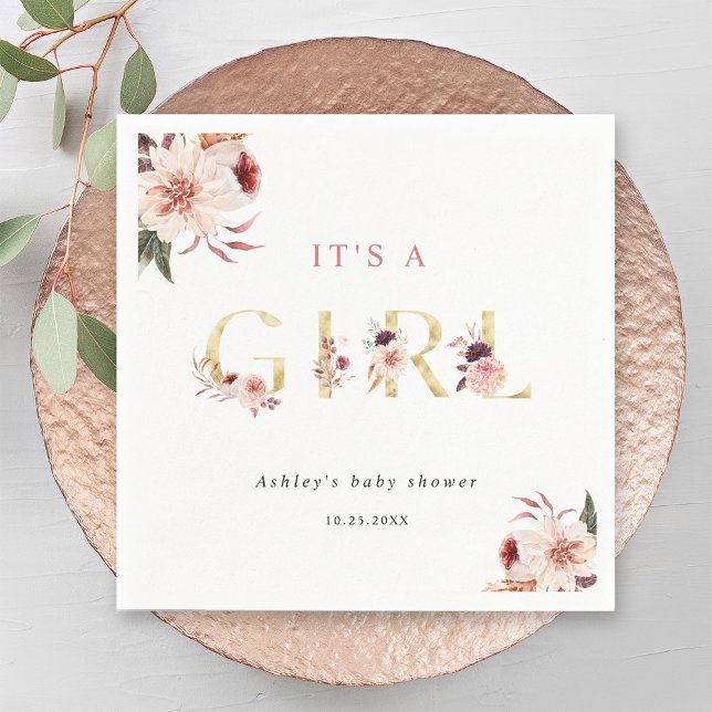 Floral Gold Letter Elegant It's a Girl Baby Shower Napkin (Creator Uploaded)