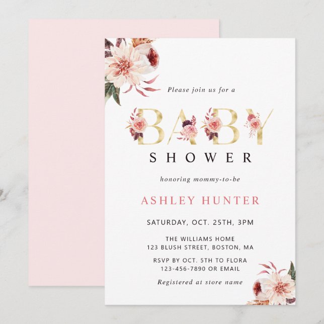 Floral Gold Letter Elegant Watercolor Baby Shower  Invitation (Front/Back)