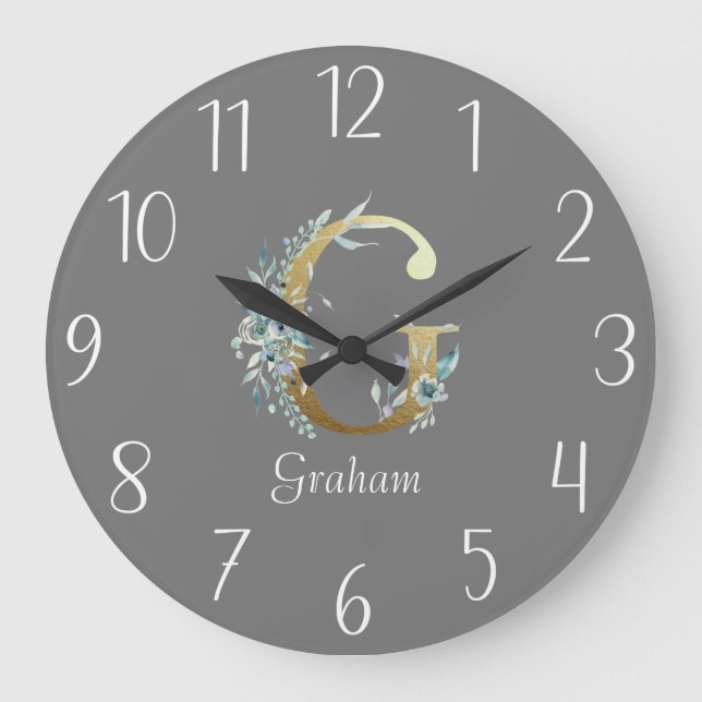 Floral Gold Letter G on Gray Large Clock (Front)