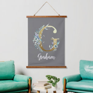 Floral Gold Letter G on Grey Hanging Tapestry