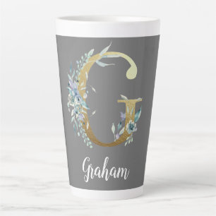 Floral Gold Letter G on Grey Latte Mug