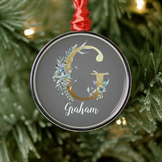 Floral Gold Letter G on Grey  Metal Tree Decoration (Tree)