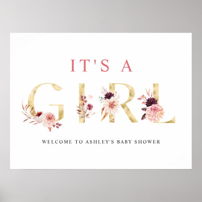Floral Gold Letter It's a Girl Baby Shower Sign (Front)