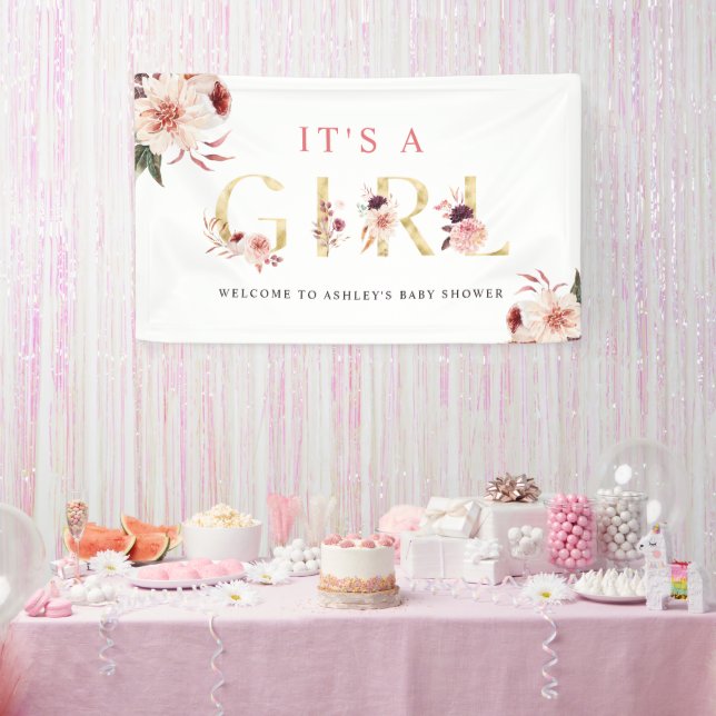 Floral Gold Letter Watercolor Girl Baby Shower  Banner (Party)