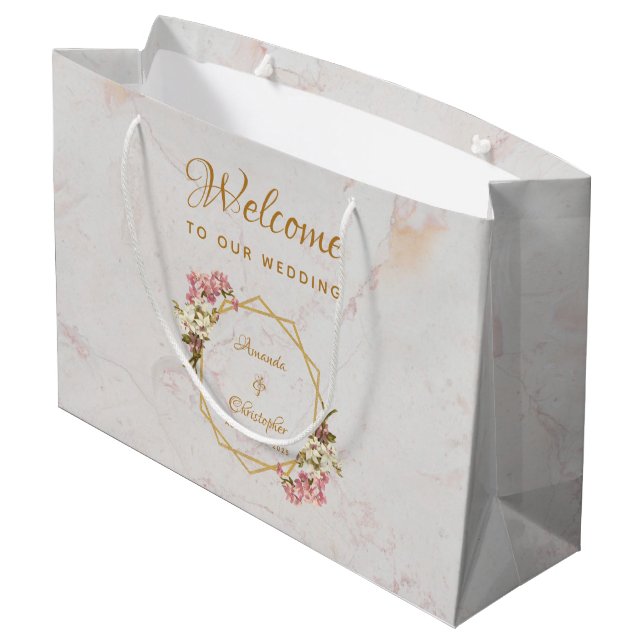 Floral Gold Marble Orchid Geometry Wedding Welcome Large Gift Bag (Back Angled)