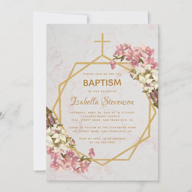 Floral Gold Marble Pink Orchids Geometric Baptism Invitation (Front)
