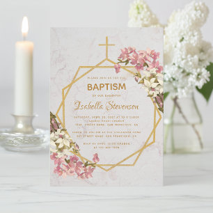 Floral Gold Marble Pink Orchids Geometric Baptism Invitation