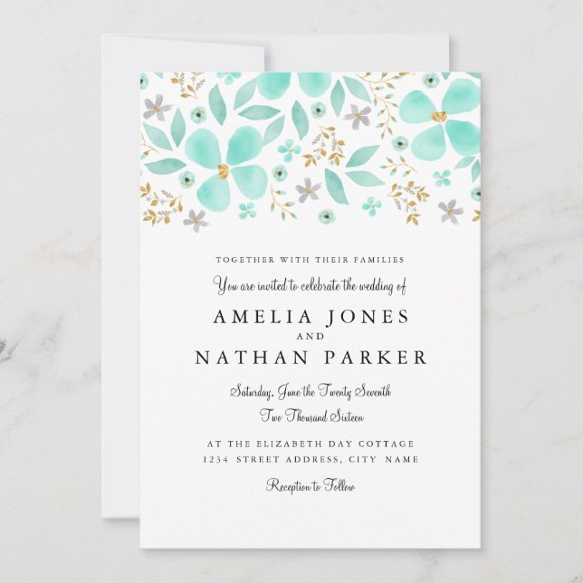 Floral Gold Mint Leaf Wedding Invitation (Front)