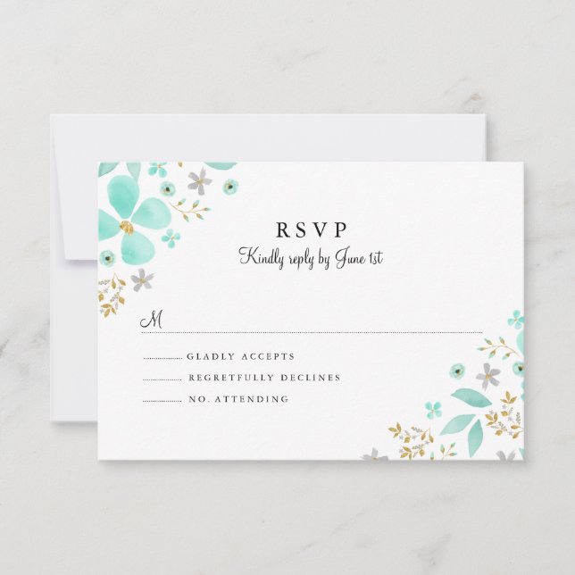 Floral Gold Mint Leaf Wedding RSVP Card (Front)