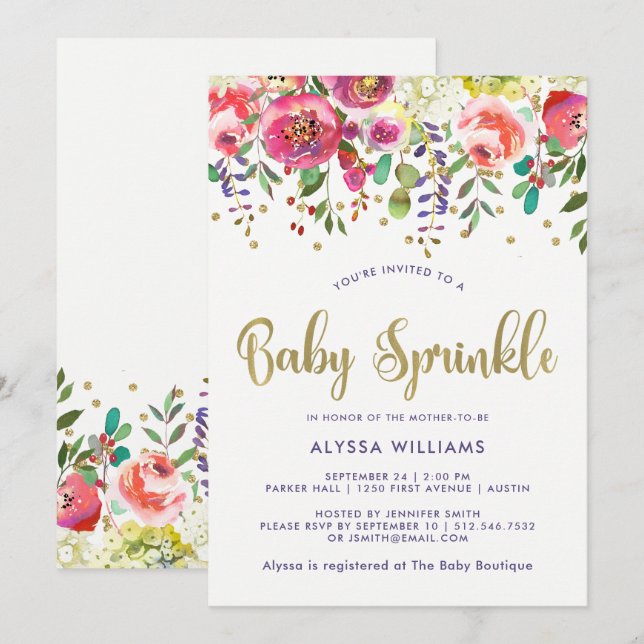 Floral Gold | Modern Watercolor Baby Sprinkle Invitation (Front/Back)