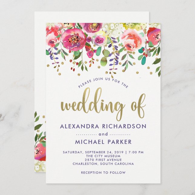 Floral Gold | Modern Watercolor Wedding Invitation (Front/Back)