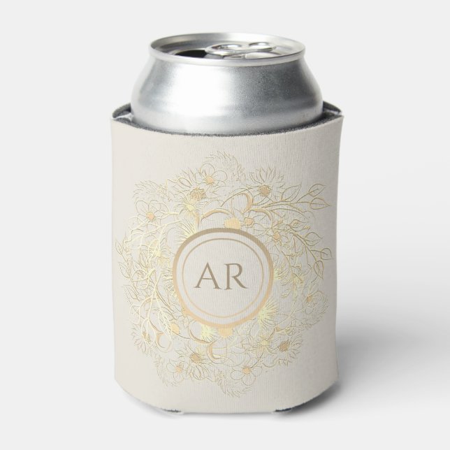 Floral Gold Monogram Wedding Favour Can Cooler (Can Front)