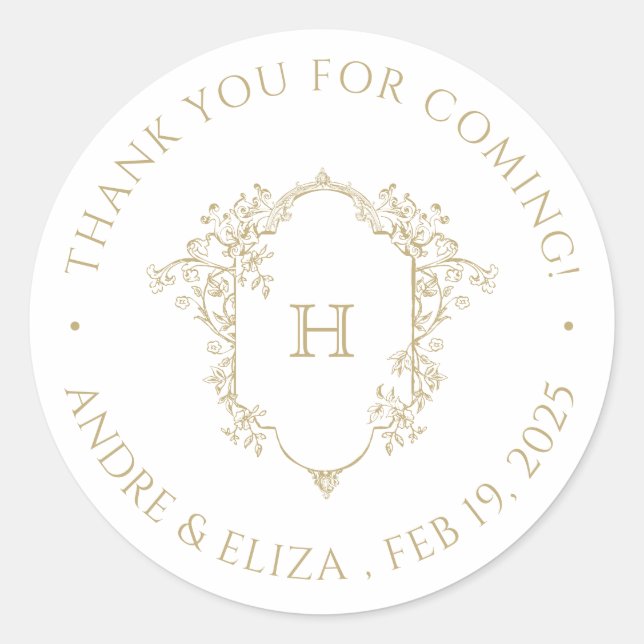Floral Gold Monogram Wedding Thank You Sticker (Front)