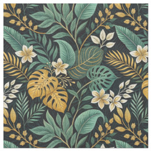 Floral Gold Monstera & Tropical Flowers Pattern Fabric
