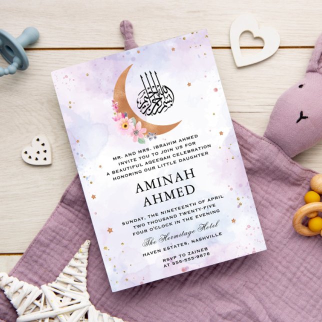 Floral Gold Moon Watercolor Purple Islamic Aqeeqa Invitation (Creator Uploaded)