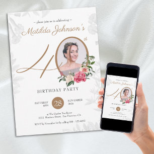 Floral Gold Photo 40th Birthday Party Invitation