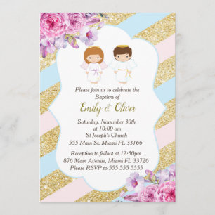 Floral Gold Pink Blue Twins Baptism Invitation