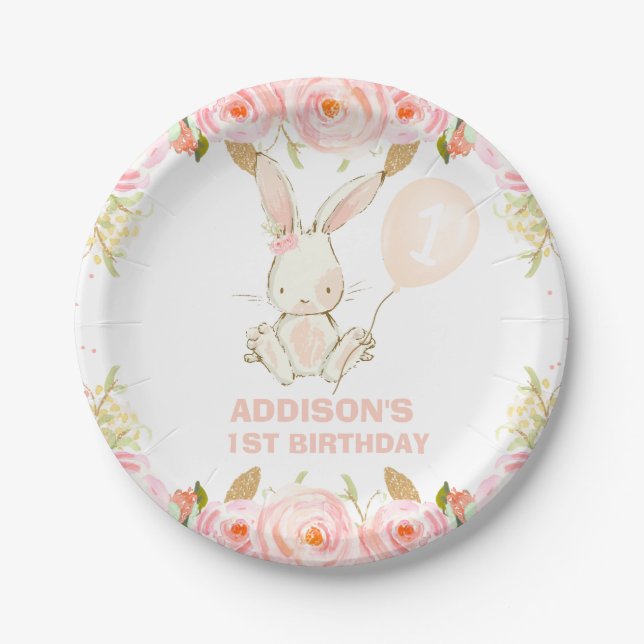 Floral Gold Pink Bunny Pink Balloon 1st Birthday Paper Plate (Front)