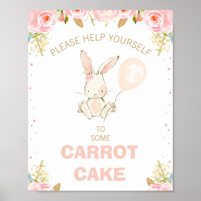 Floral Gold Pink Bunny Pink Balloon 1st Birthday Poster (Front)