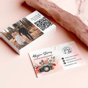 Floral gold pink Photography  photo logo qr code Business Card