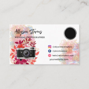 Floral gold pink Photography photo logo qr code Business Card