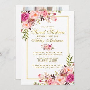 Floral Gold Pink Sweet 16 Birthday Invite - Photo