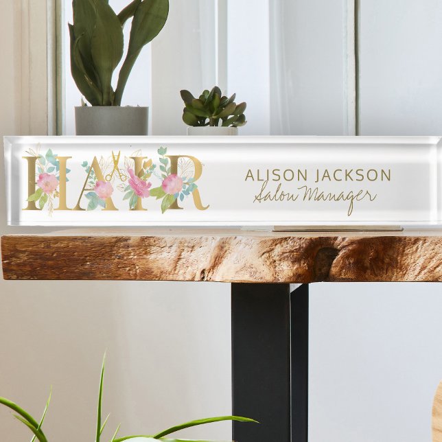 Floral gold pink typography hair salon manager nameplate (Creator Uploaded)