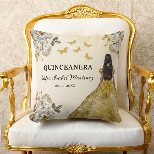 Floral Gold Princess Quinceanera Birthday Cushion (Creator Uploaded)